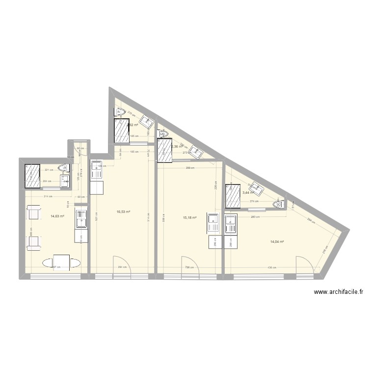 4 ch. Plan de 7 pièces et 69 m2