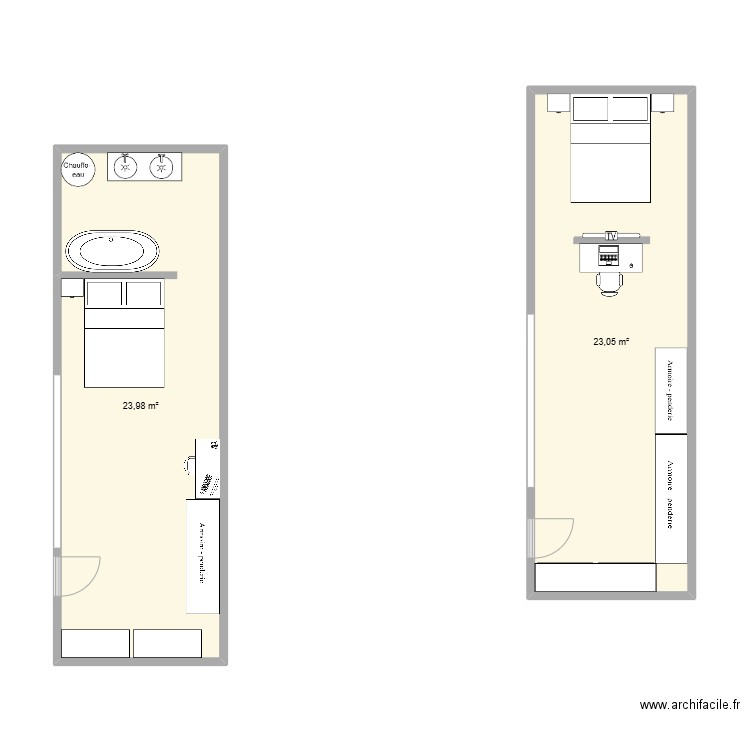 deux plan dif chambre avec ou sans salle de bain. Plan de 3 pièces et 74 m2