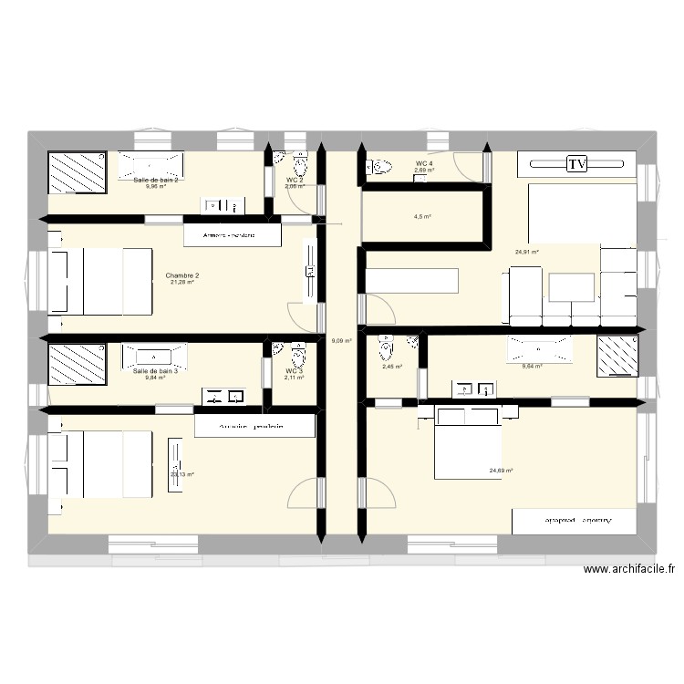 test. Plan de 19 pièces et 304 m2