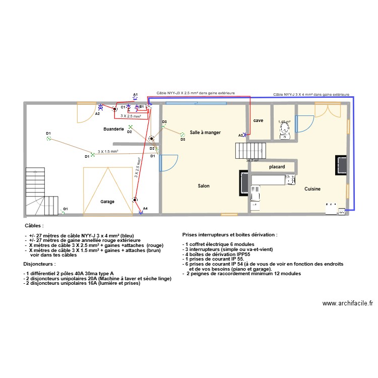 rez de chaussée Saizy. Plan de 2 pièces et 36 m2