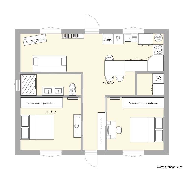 agencement 2 - projet 1. Plan de 2 pièces et 50 m2