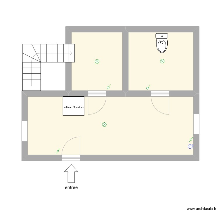 couloir entrée/ placard / WC. Plan de 3 pièces et 32 m2