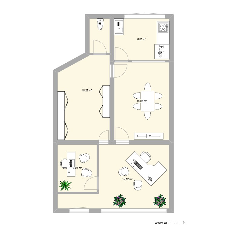 Bureau. Plan de 5 pièces et 69 m2