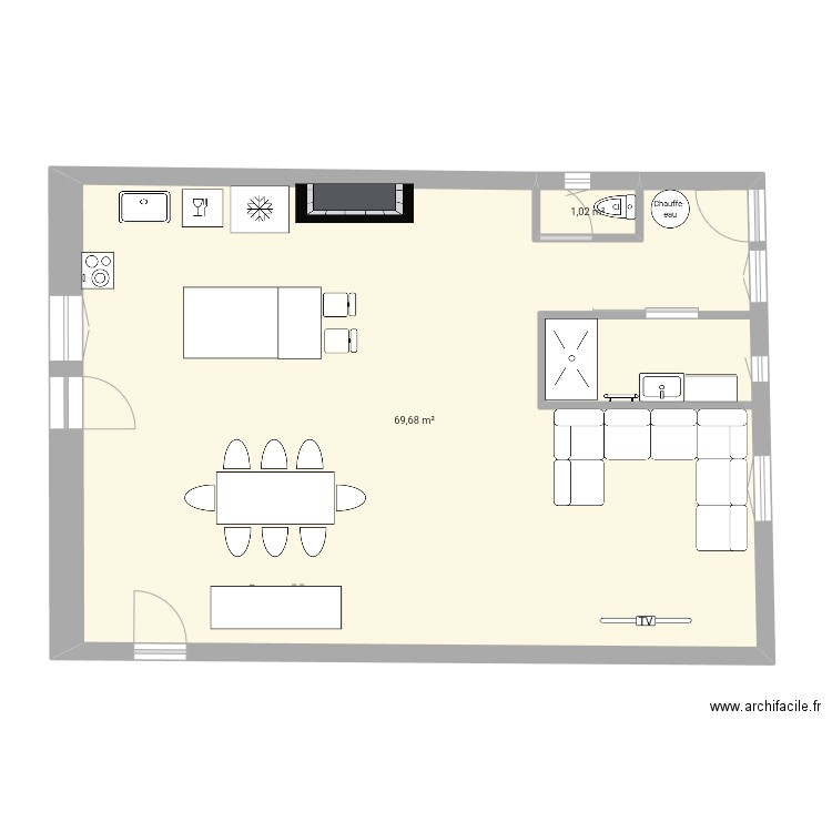 Rdc veull. Plan de 2 pièces et 71 m2