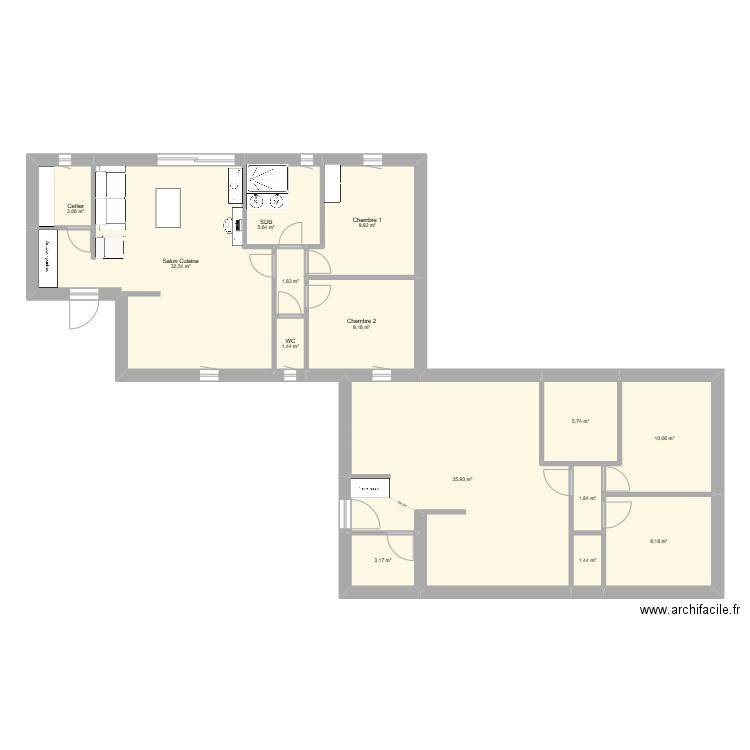 maman. Plan de 14 pièces et 131 m2