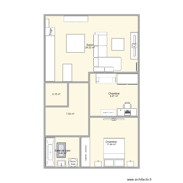 Romane. Plan de 6 pièces et 59 m2