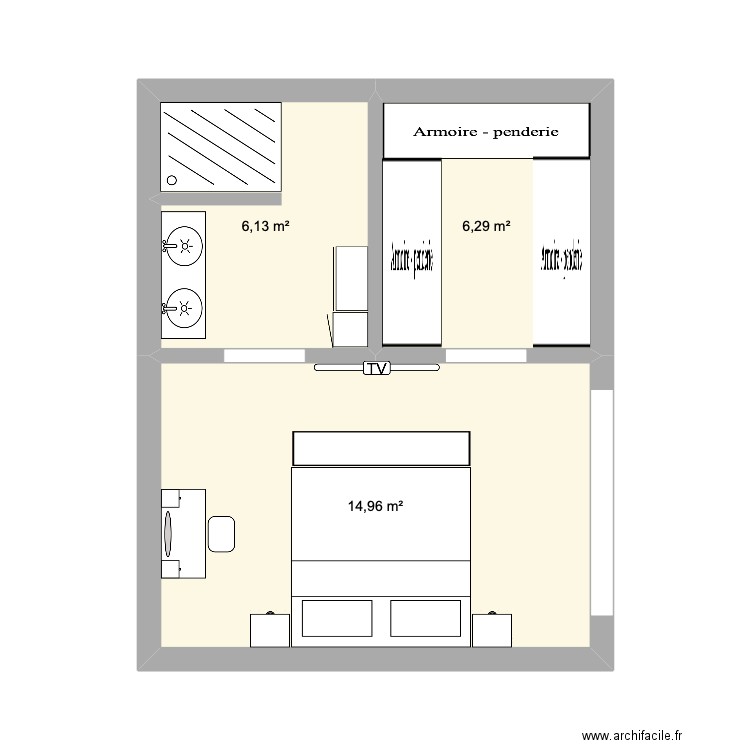 Suite parentale. Plan de 3 pièces et 27 m2