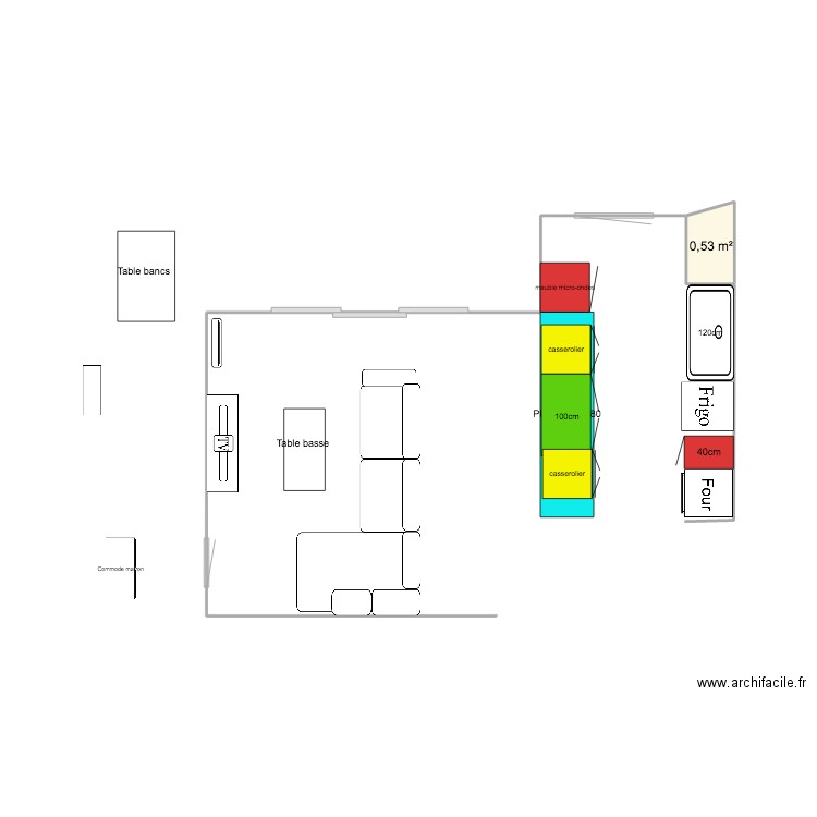 cuisine et salon. Plan de 1 pièce et 1 m2