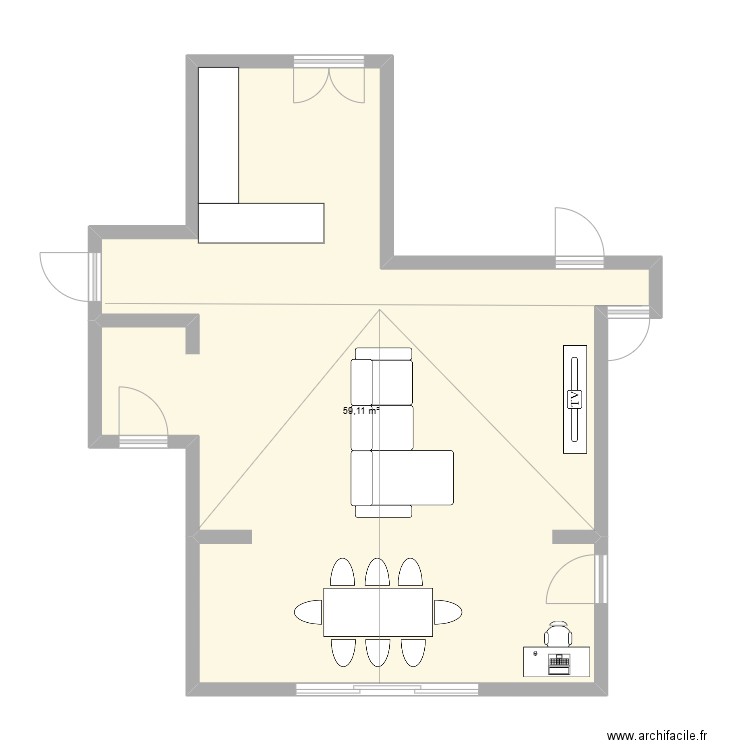 Salle. Plan de 1 pièce et 59 m2