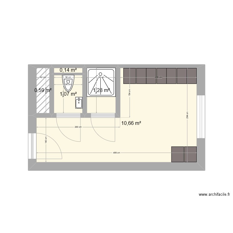 RDC Vestiaire homme. Plan de 5 pièces et 14 m2