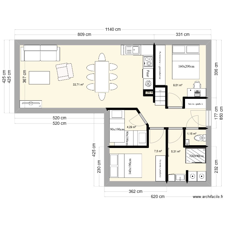 Modèle3. Plan de 7 pièces et 61 m2