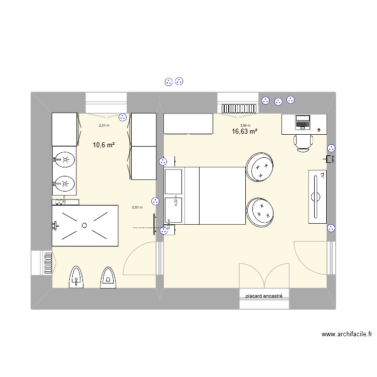 Chambre d'ami 1er étage 1ère. Plan de 2 pièces et 27 m2