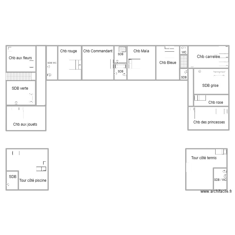 1er étage avec détails lits. Plan de 21 pièces et 376 m2