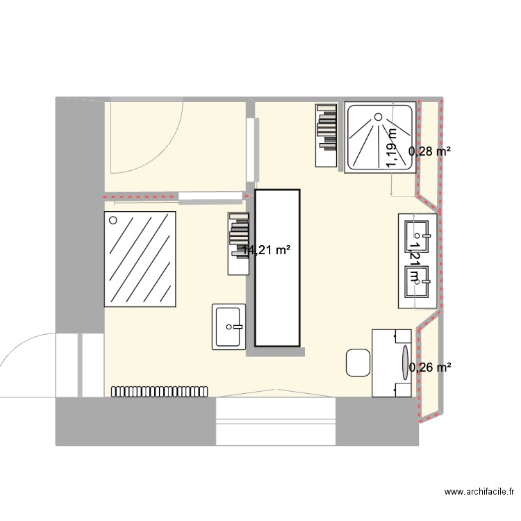 sdb rdc projet. Plan de 3 pièces et 15 m2