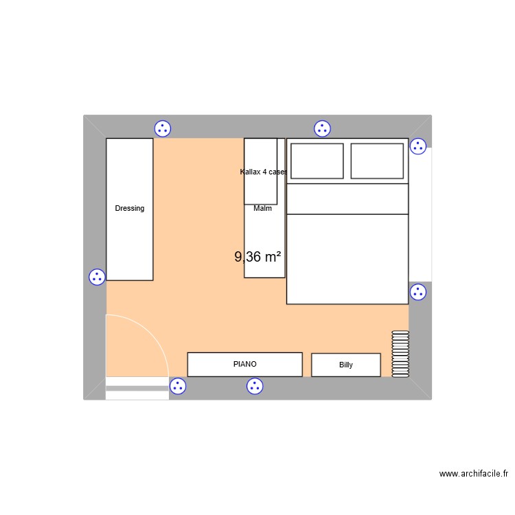 Chambre. Plan de 1 pièce et 9 m2