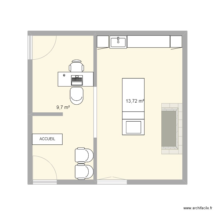 local. Plan de 2 pièces et 23 m2