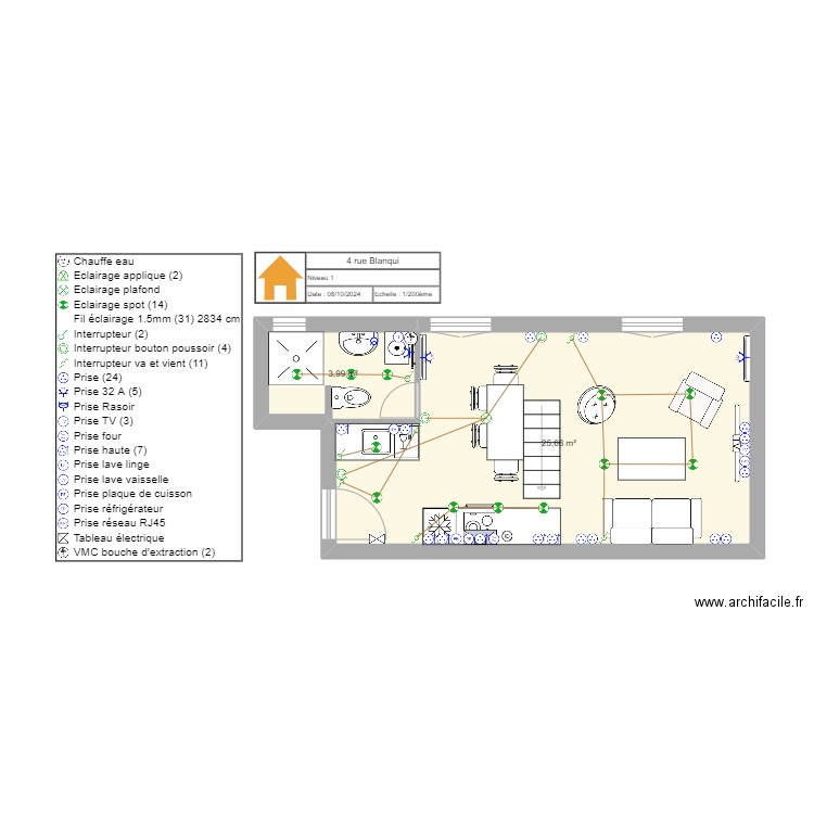 Blanqui 03. Plan de 5 pièces et 54 m2