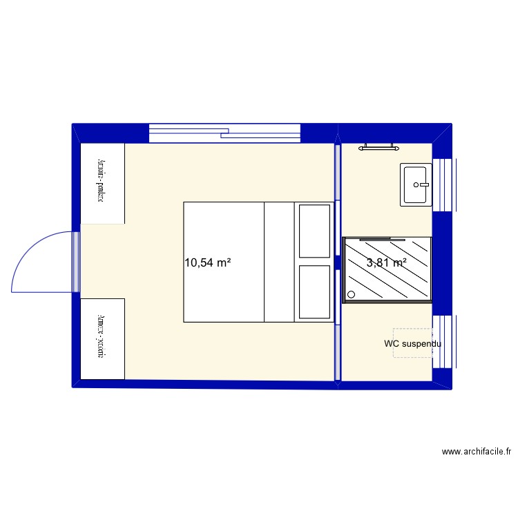 Chambre. Plan de 2 pièces et 14 m2