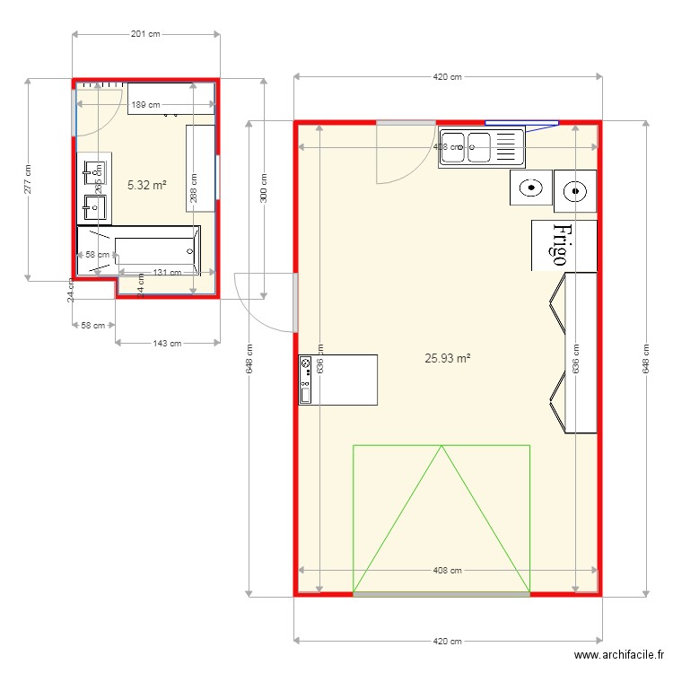 sdb tressiganux plus garage. Plan de 2 pièces et 31 m2