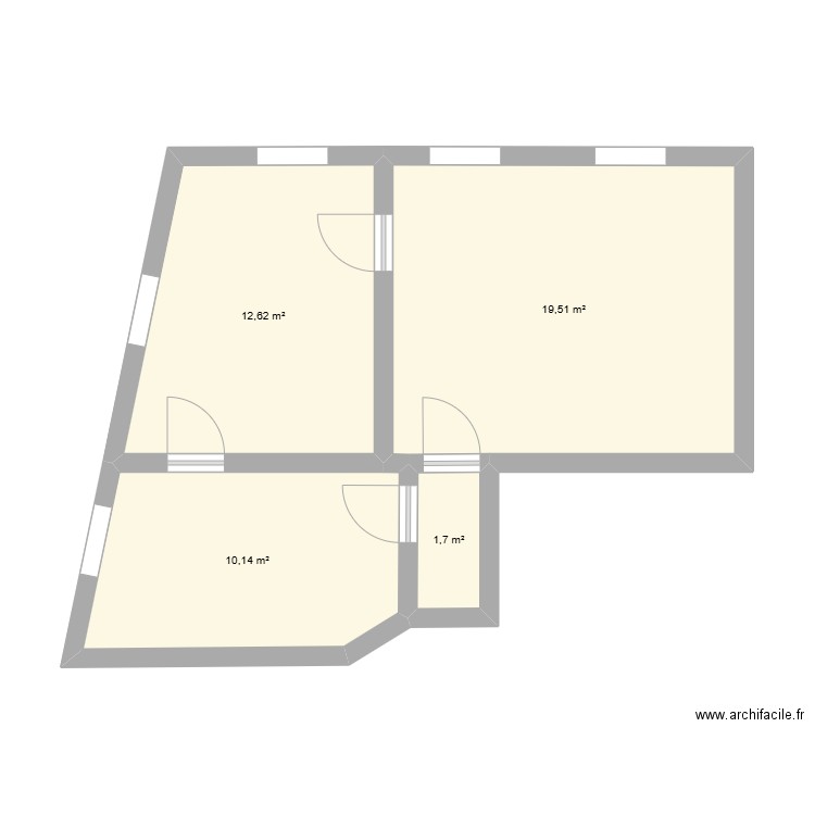 1er étage actuel. Plan de 4 pièces et 44 m2