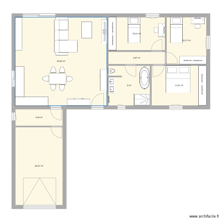 maison en L. Plan de 8 pièces et 113 m2