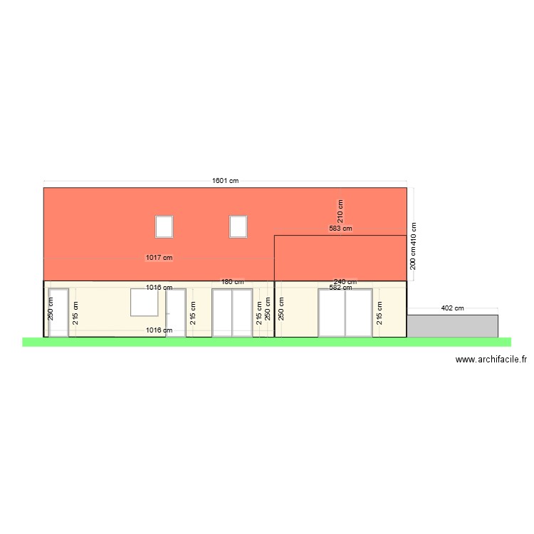 Façade Sud. Plan de 2 pièces et 40 m2