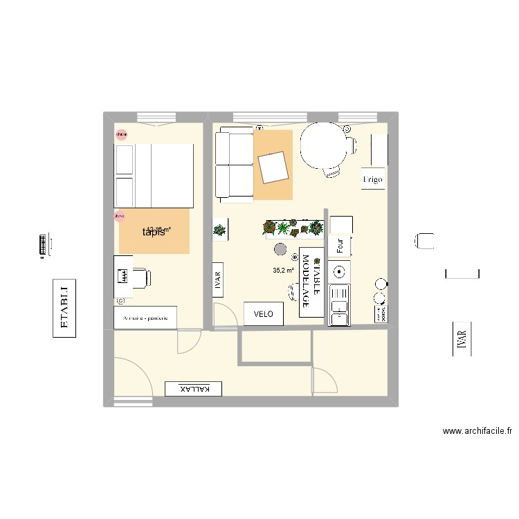 Chambre BIS 1. Plan de 2 pièces et 47 m2