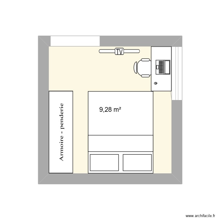 chambre. Plan de 1 pièce et 9 m2