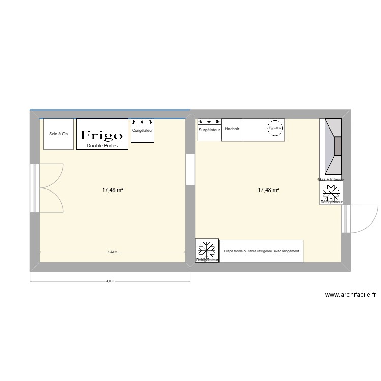 Cuisine boucherie. Plan de 2 pièces et 35 m2