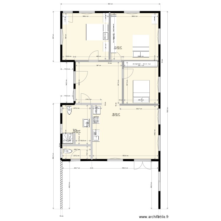 voisin . Plan de 3 pièces et 90 m2