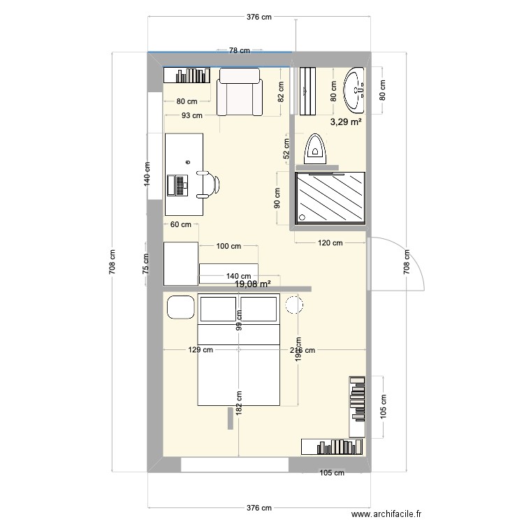 Lise's room. Plan de 2 pièces et 22 m2