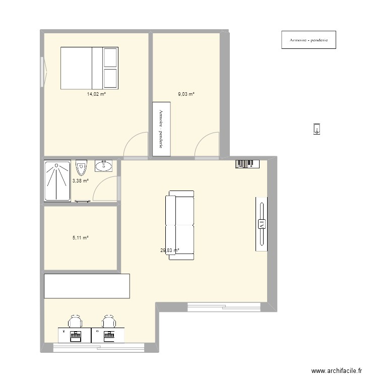 etage. Plan de 5 pièces et 61 m2