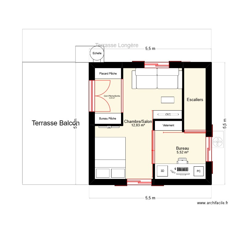 25m². Plan de 6 pièces et 48 m2