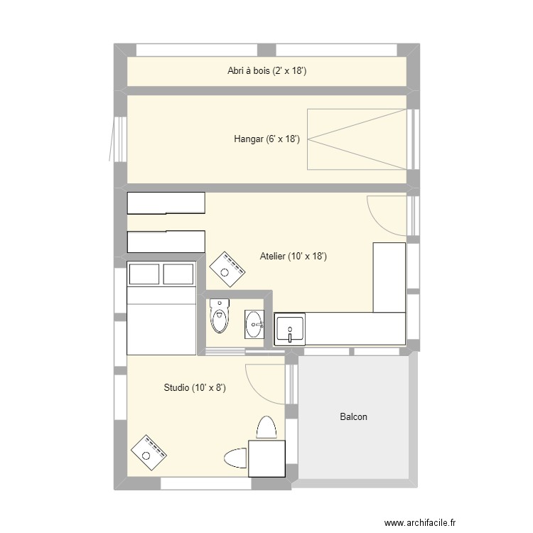 Cabanon studio - Lac Long. Plan de 6 pièces et 44 m2