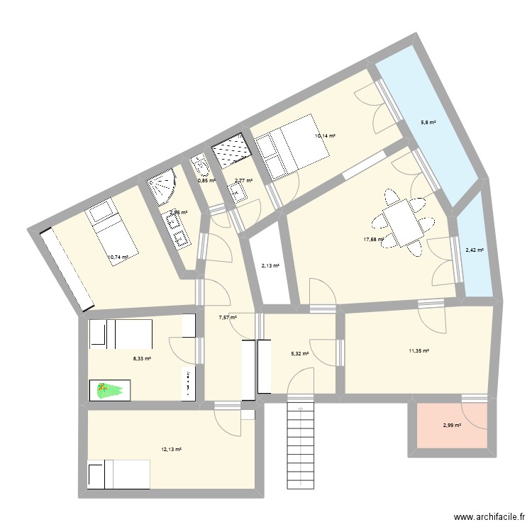 T5 golf. Plan de 15 pièces et 103 m2