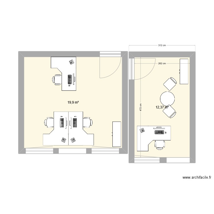 Bureau RH. Plan de 2 pièces et 32 m2