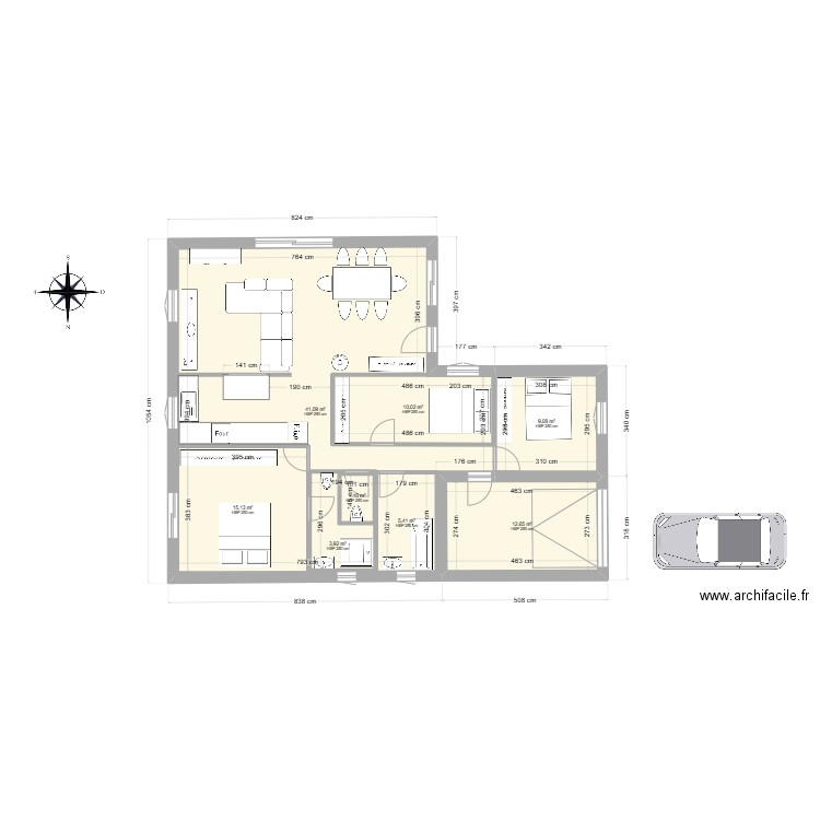 PROJET4. Plan de 8 pièces et 142 m2