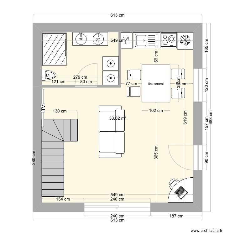 2 eme. Plan de 1 pièce et 34 m2