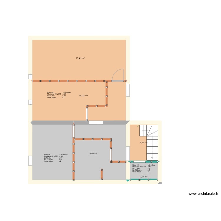 étage sonnac rails , montants placo des murs. Plan de 5 pièces et 71 m2