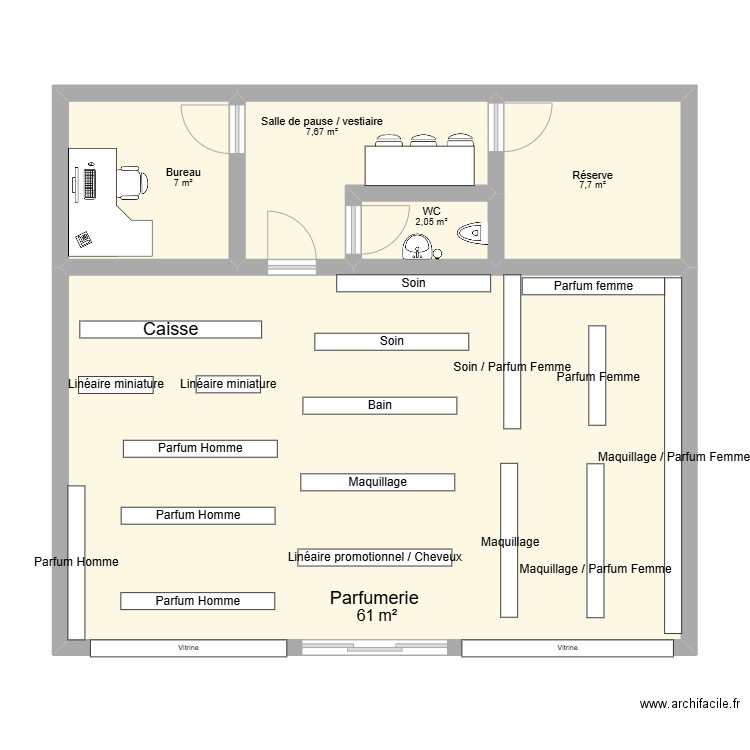 Parfumerie. Plan de 5 pièces et 85 m2