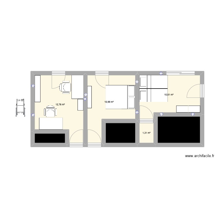 Chambres. Plan de 7 pièces et 45 m2