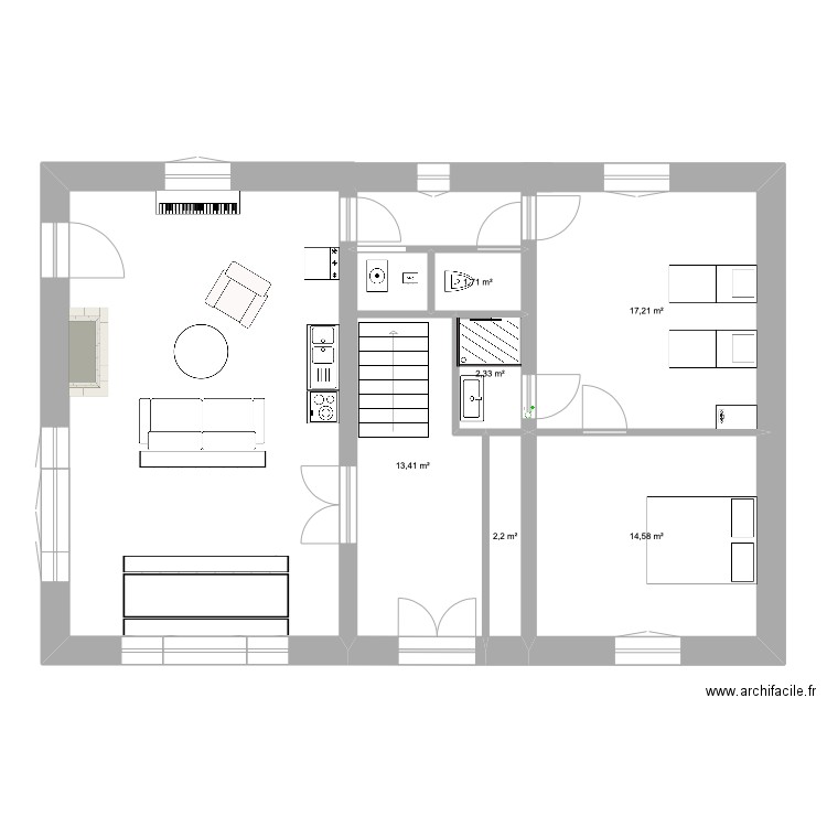 RDC. Plan de 6 pièces et 51 m2