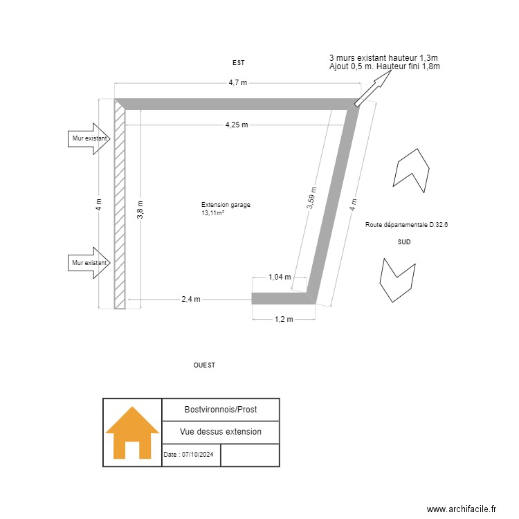 Vue dessus extension. Plan de 0 pièce et 0 m2