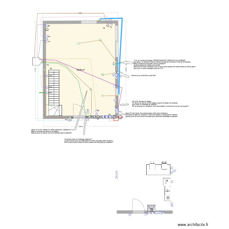 9 mars RDC tan Rouge ECLAIRAGE. Plan de 1 pièce et 37 m2