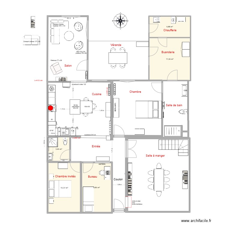 Plan projet pour réflexion salon 2. Plan de 5 pièces et 41 m2