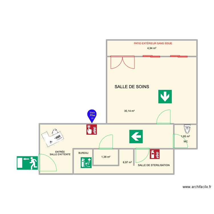 Cabinet dentaire. Plan de 5 pièces et 50 m2