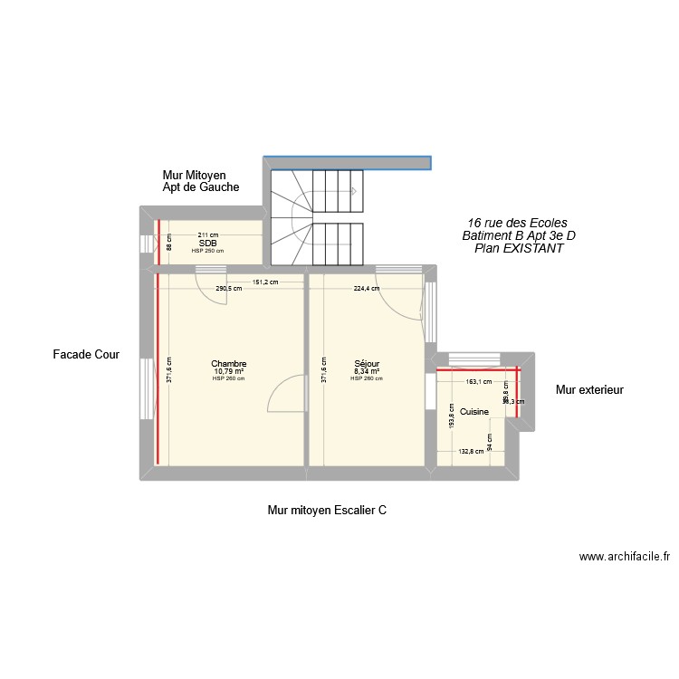 189 Bat B 3e D Existant. Plan de 4 pièces et 24 m2