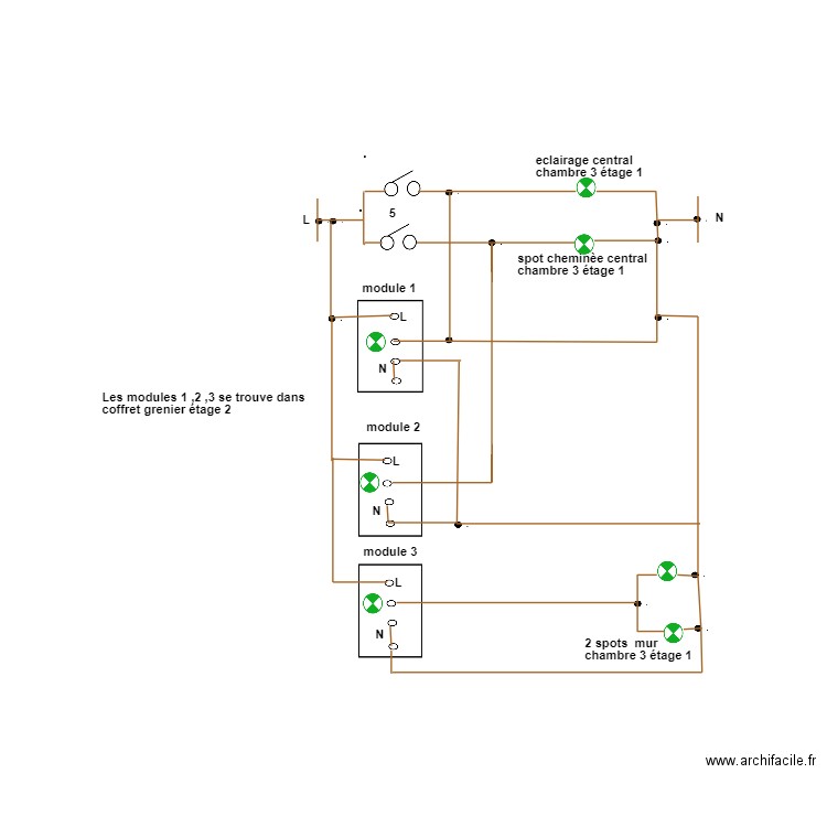 modules éclairage chambre 3 premier étage situé au grenier étage2. Plan de 0 pièce et 0 m2