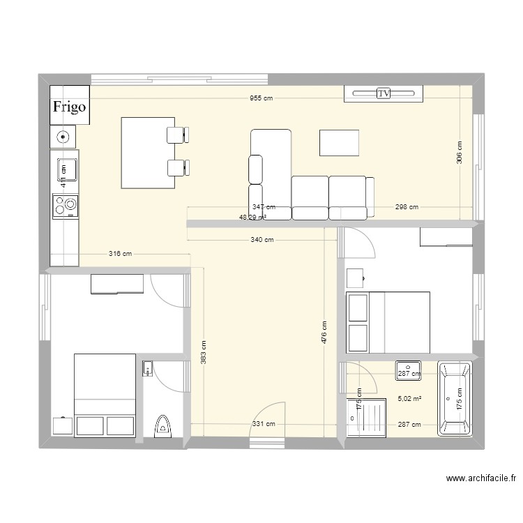 MAISON. Plan de 2 pièces et 53 m2