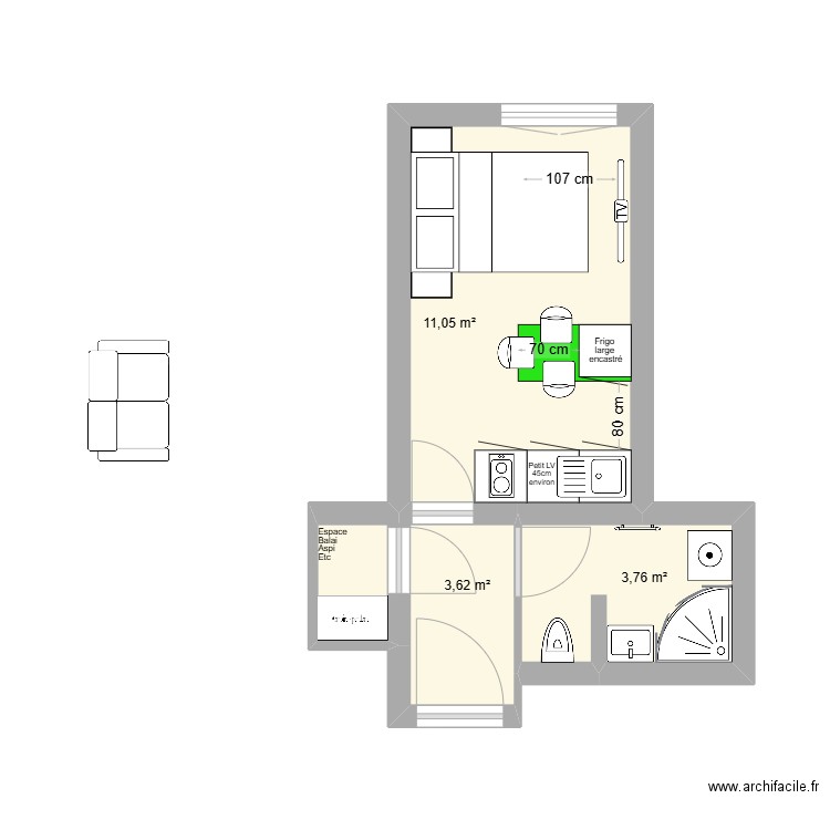 Manon & Pierre V1. Plan de 3 pièces et 18 m2